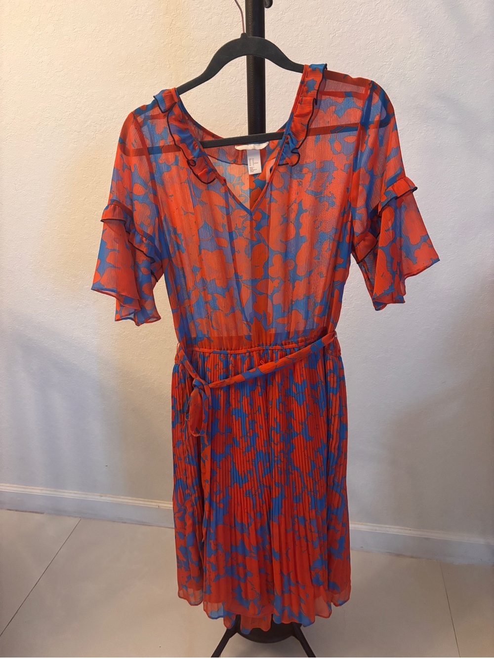 H&M Orange and Blue Floral Pleated Midi Dress with Tie Waist